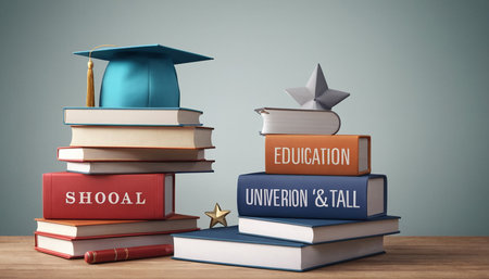 Graduation cap on stack of books. Education concept. 3D Renderingの素材