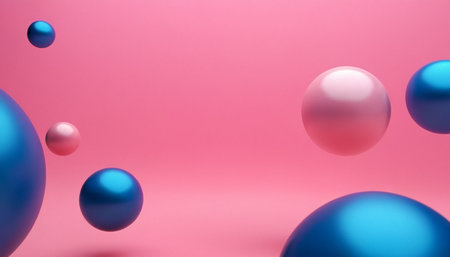 Abstract 3d rendering of blue and pink spheres on a pink backgroundの素材