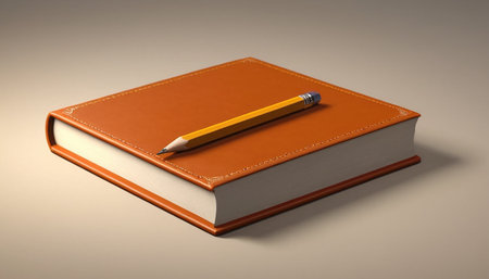 Notebook and pencil on a gray background, 3d render.の素材