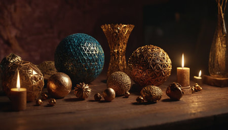 Christmas decoration on wooden background. Christmas balls, candles and toys.の素材