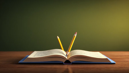 Open book with pencils on wooden table over green background. Education conceptの素材