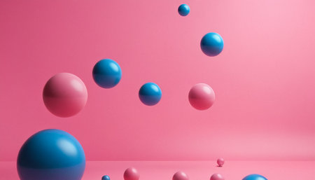 3d render of abstract blue and pink balls floating on pink backgroundの素材