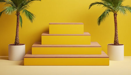 3d render of podium for product display with palm tree on the yellow backgroundの素材