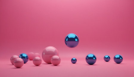 Abstract 3d rendering of blue and pink spheres on a pink backgroundの素材