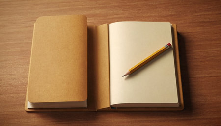 Notebook and pencil on wooden background. Copy space for text.の素材