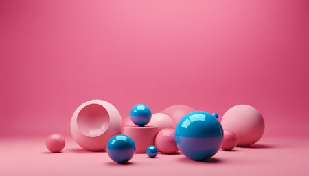 3d render of blue and pink balls on pastel pink backgroundの素材