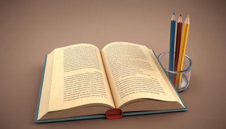 Open book with pencils in a glass vase on a brown backgroundの素材