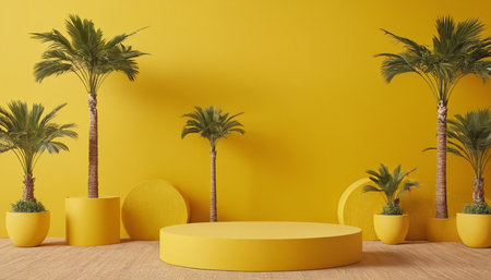 Minimal scene with yellow podium and palm trees. 3d renderの素材
