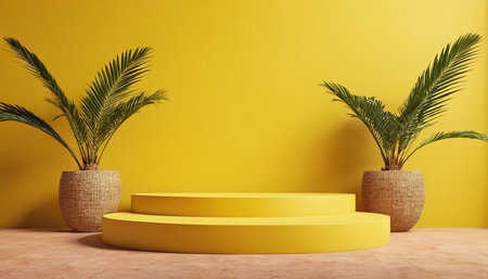 Minimal scene with yellow podium and palm leaves. 3d renderの素材