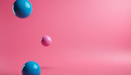 3d rendering of blue and pink balls floating on a pink backgroundの素材