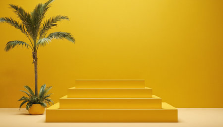 Podium with palm tree on yellow background. 3d render.の素材