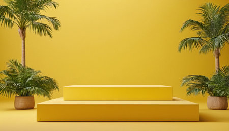 Yellow podium for product presentation with palm leaves on yellow background. 3d renderの素材