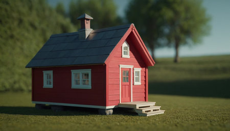 Small red house on the green grass. Concept of real estate.の素材