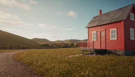 Small red house in the middle of a meadow with a benchの素材