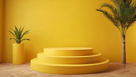 Yellow podium with palm and potted plants on wooden floor. 3d renderの素材