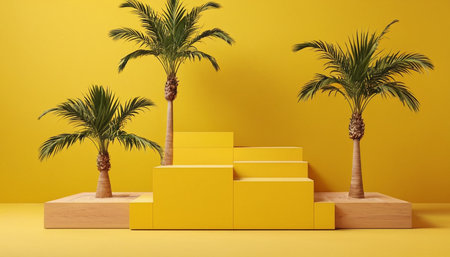 Abstract display podium with palm trees on yellow background. 3d renderの素材