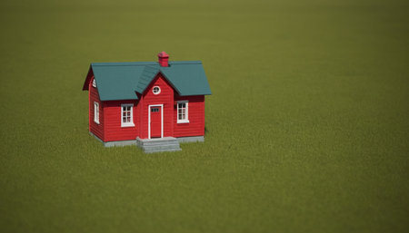 Model of a red house on a green grass. 3d renderingの素材
