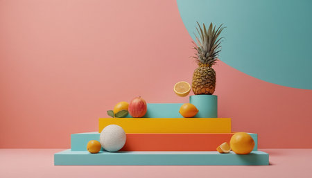 Pineapple and oranges on turquoise and pink background. 3d renderingの素材