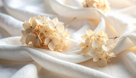 White fabric with hydrangea flowers on it, closeupの素材