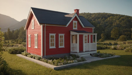 Little red house with blue roof in the countryside. 3d renderingの素材