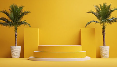 Podium for product presentation with palm tree on yellow background. 3d renderの素材