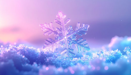 Snowflake on the background of a winter landscape. 3d illustrationの素材