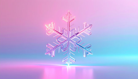 3d illustration of snowflake in neon light on a colorful backgroundの素材