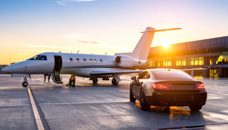 Airplane parking in airport terminal at sunset. Airplane parking in airport.の素材