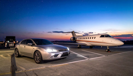 Luxury passenger plane in the airport at night, ready for departureの素材