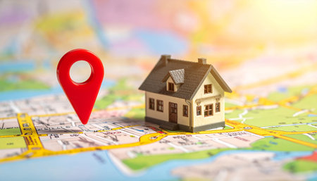 Miniature house with red pin on map. Real estate concept.の素材