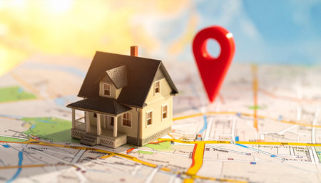 Miniature house on map background. Real estate and property concept.の素材
