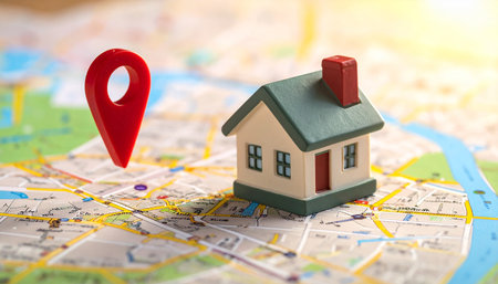 Miniature house on a map with a red location pin. Concept of buying a new home.の素材