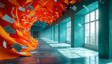 3D rendering of an orange tunnel with paper sheets flying in itの素材