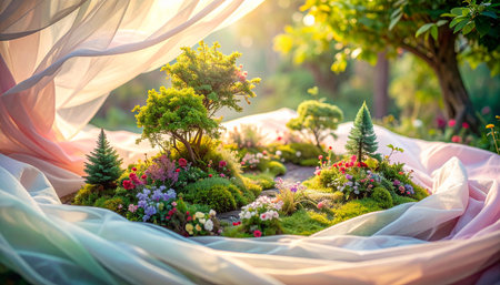 Miniature garden with flowers, trees and tulle in the gardenの素材