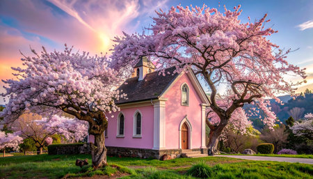 Beautiful spring landscape with blooming sakura tree and pink churchの素材