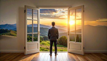 Man looking out of the open door to the beautiful landscape at sunsetの素材