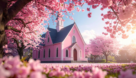 Pink cherry blossoms and a pink church in the springtime.の素材