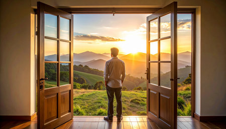 Man looking out the window of a house in the mountains at sunsetの素材