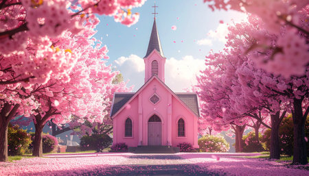 Beautiful pink church with blooming sakura tree in spring.の素材