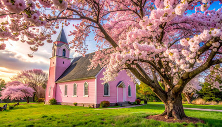 Cherry blossom in spring with pink church in background, Washington, USA.の素材