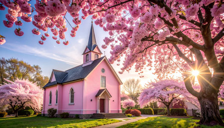 Cherry blossoms and a pink church in spring, Washington.の素材
