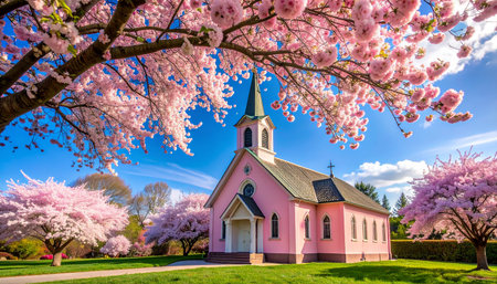Beautiful cherry blossom sakura in spring time with pink churchの素材