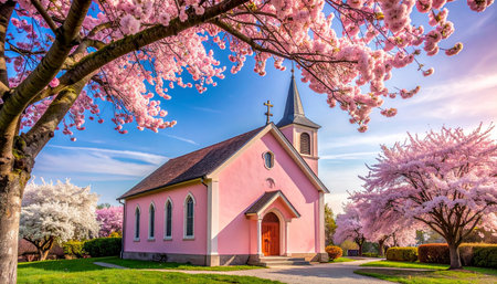 Pink church with pink cherry blossoms in spring time. Beautiful spring landscape.の素材