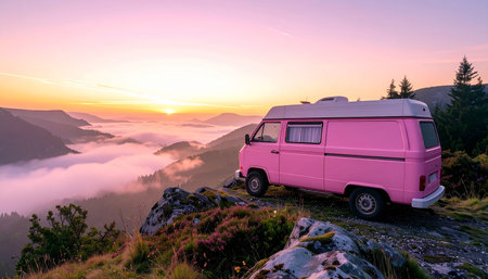 Pink camper van on the top of a mountain at sunrise.の素材