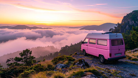 Pink campervan on top of the mountain at sunrise. Camping in the mountains.の素材