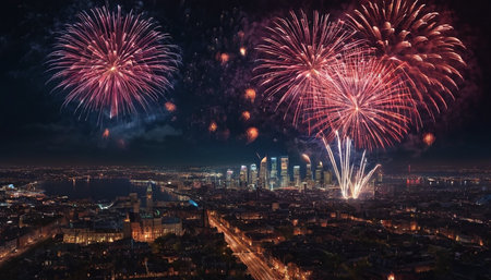 Fireworks over Frankfurt am Main, Germany. Panoramic view of the city at night.の素材