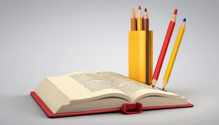 Open book with pencils on a gray background. 3d renderingの素材