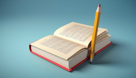 Pencil and book on blue background. Education concept. 3D Renderingの素材