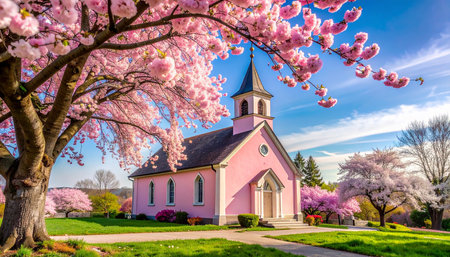Beautiful spring landscape with pink cherry blossoms and a small churchの素材