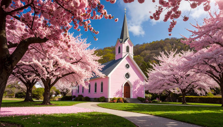 Pink cherry blossoms in full bloom around a pink church in springの素材